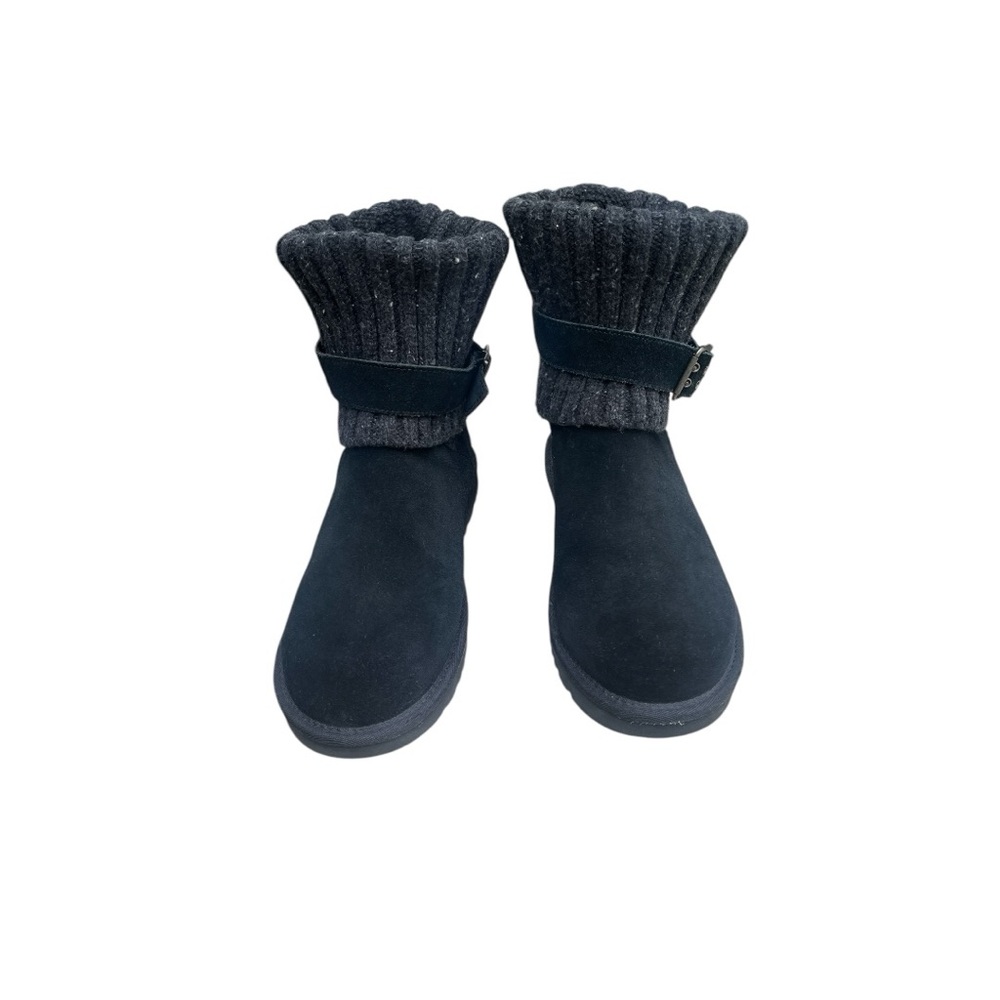 UGG CAMBRIDGE BLACK BOOTS IN SZ 9. Suede Ankle Lined Pull On Knit Cuff Buckle.